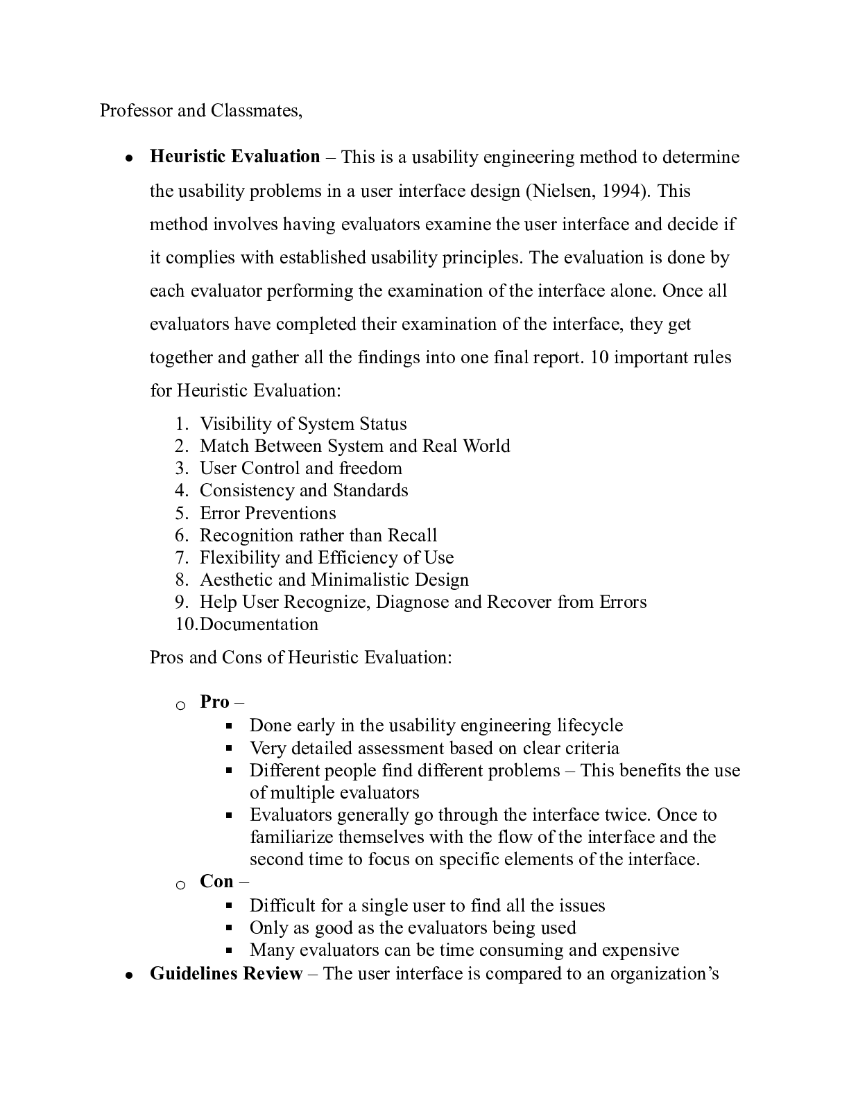 Preview image for IT302 Unit 4 Discussion 1.docx  Professor and Classmates,  ï‚·Heuristic Evaluation â€“ Thi